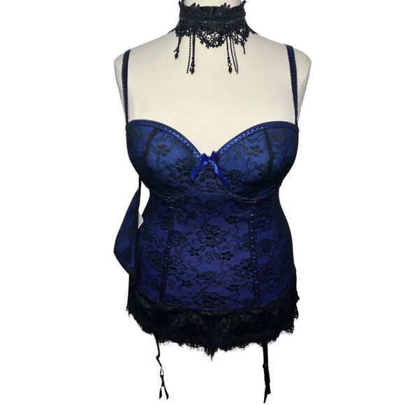 NWT Baci Blue/Black Corset with Garter Belt‎ and Thong Panties - 3X (16-20) - Picture 4 of 16
